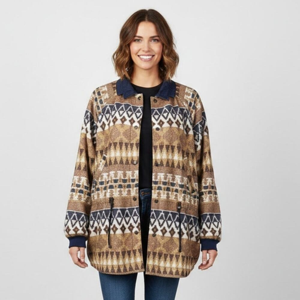Vintage Casual Club Reversible Aztec Print Jacket Full Snap Womens Sz Large Blue